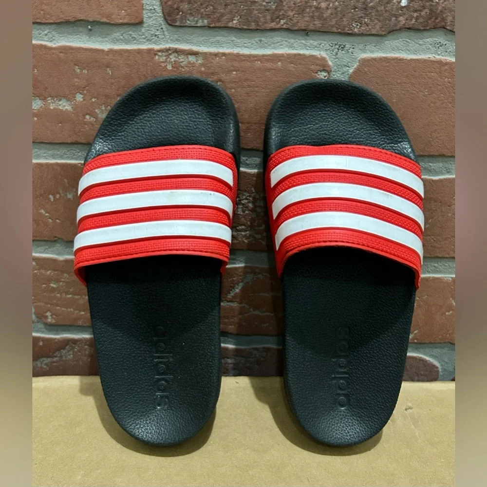 Adidas little boys slides, red w/3 stripe white like new preowned size US 12